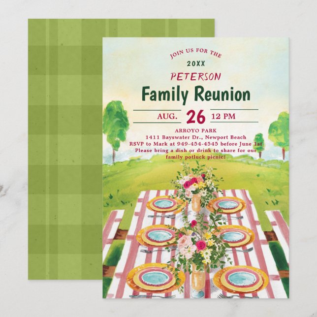 Familjeåterförening Picnic Summer Art Illustration Inbjudningar (Fram/baksida)