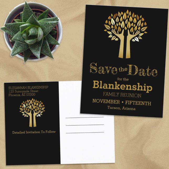 Familjeåterförening Spara datum Händer Up Träd Löv Meddelande Vykort (Skapare uppladdad)