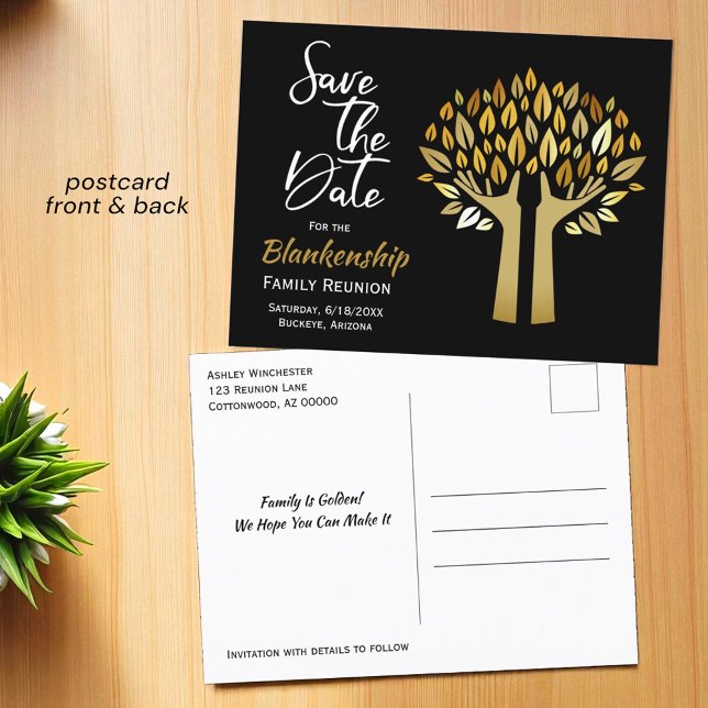 Familjeåterförening Spara datum Händer Up Träd Löv Meddelande Vykort (postcard template front and back )