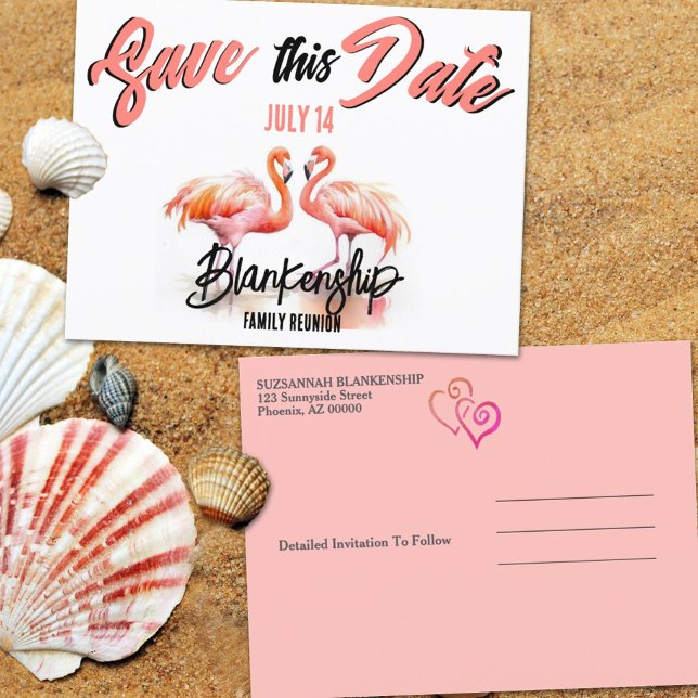 Familjeåterförening Spara datumet för tropisk lami Meddelande Vykort (Send out your family reunion announcement early with a double flamingo save the date postcard.)