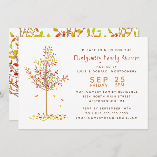 Familjeåterförening Träd Watercolor Höst löv Inbjudningar (Fram/baksida)