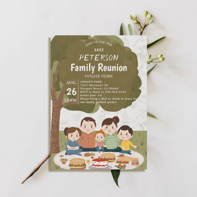 Familjeåterförening Vår Sommarfärdsfall Potluck Pi Inbjudningar (family reunion invitation potluck picnic cute illustration watercolor modern simple fun)