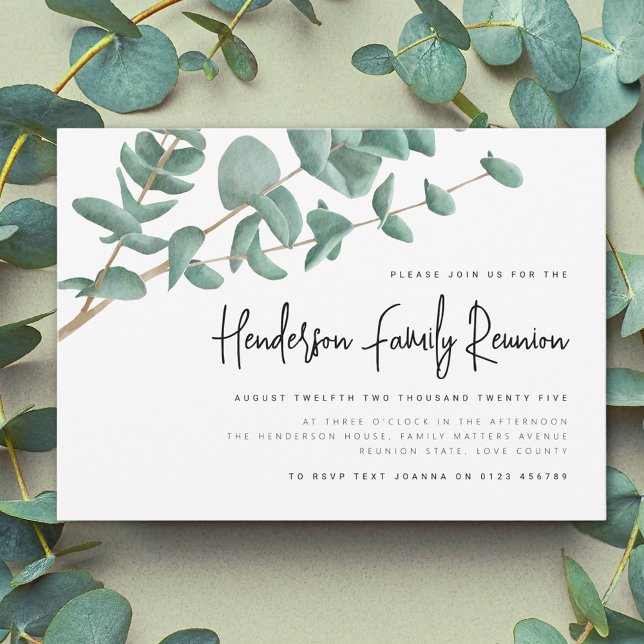Familjeåterföreningen Eucalyptus Träd Inbjudningar (Watercolor Eucalyptus tree branch family reunion invitation Modern elegant script)