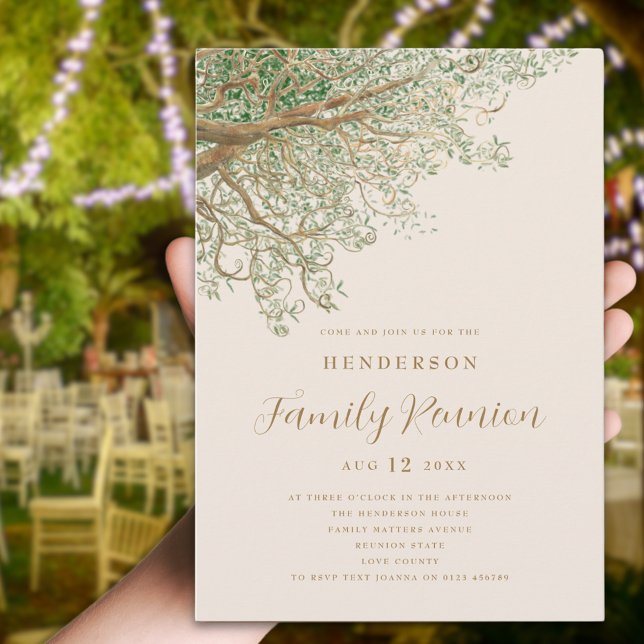 Familjeåterföreningen Watercolor Träd Inbjudningar (Watercolor tree branches family reunion invitation Brown beige green modern script summer party)