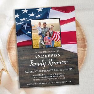Familjeåterträff Amerikansk Flagga Foto Patriotisk Inbjudan Vykort