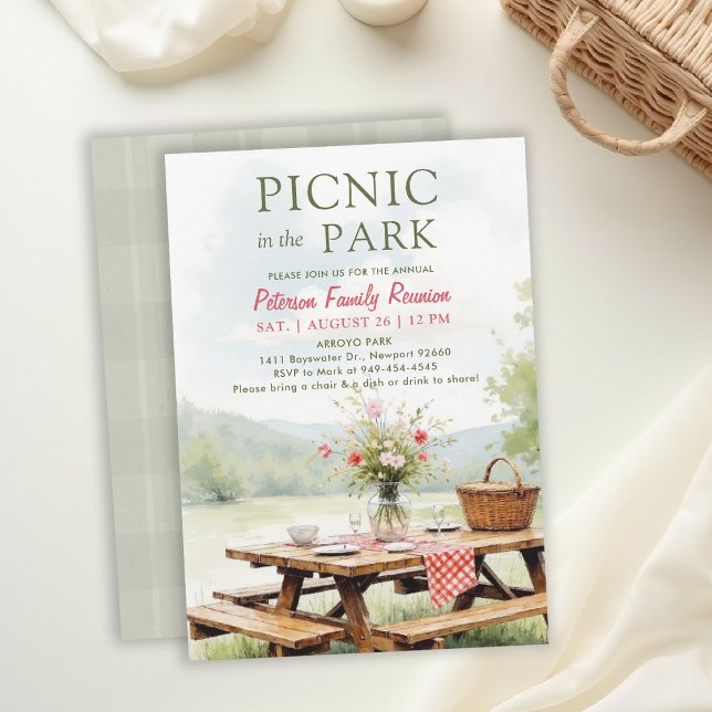 Familjeåterträff Picknick Elegant Akvarellkonst Gr Inbjudningar (family reunion invitation summer picnic park potluck gathering elegant watercolor card template)