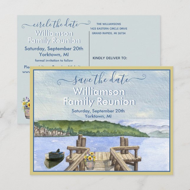 Familjeåterträff Spara datum Sjöbrygga QR-kod Meddelande Vykort (Fram/baksida)