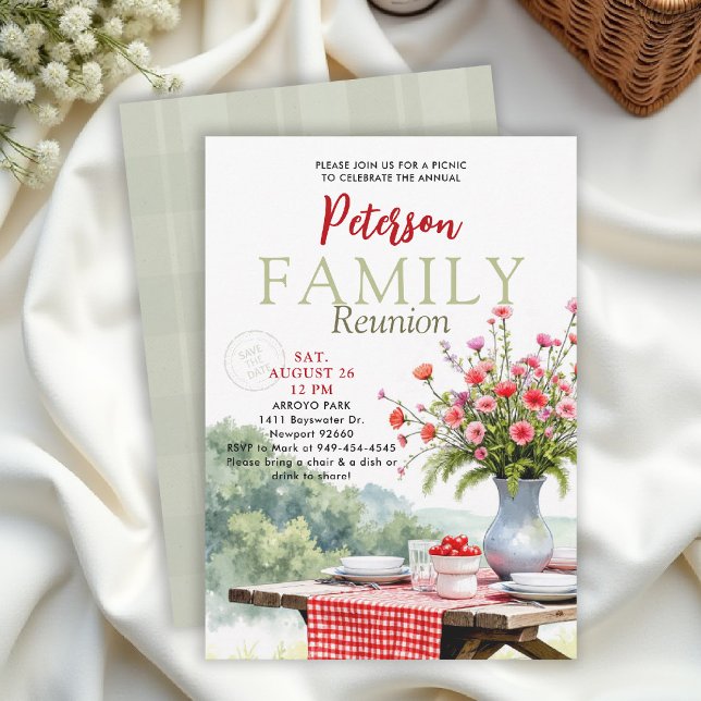 Familjeåterträffes Picknick Blommig Röd Rutig Mode Inbjudningar (family reunion invitation card summer picnic park potluck outdoor gathering backyard card template)