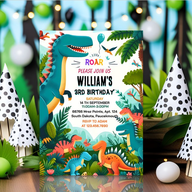 Familjebarn, söta pojkar T 3 rex 3 födelsedag Inbjudningar (Skapare uppladdad)