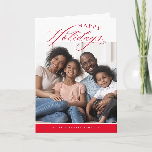 FAMILJEBILD God Jul snygg kalligrafi röd  Helgkort (Framsida)