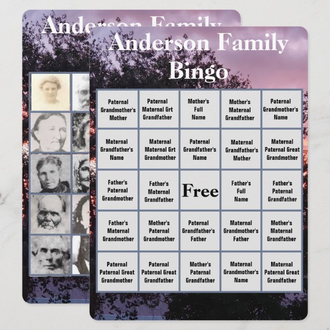 Familjebingokort med solnedgångsfoto för Rosa Lila (Fram/baksida)