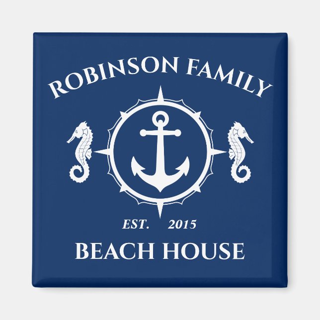 Familjeblått Namn Beach House Seahorse Anchor Navy Magnet (Framsidan)