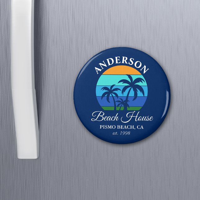 Familjebob Namn Beach House Sol Handflatan Träd Bl Magnet (Customize to change text size, text style or background color.)