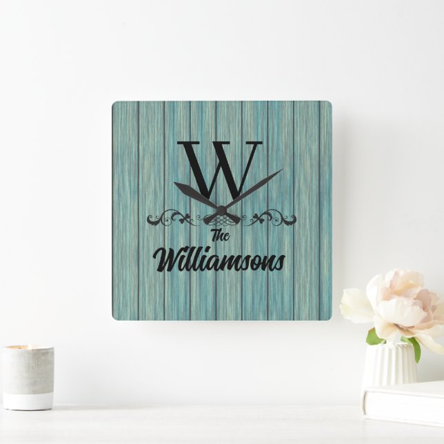 Familjebock i Namn Monogram Rustic Blue Wood Wall  Fyrkantig Klocka (Hem)