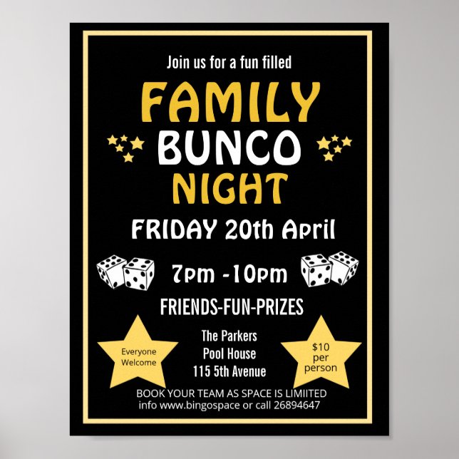 Familjebunco night, bunco party PTA event PTO Poster (Framsidan)