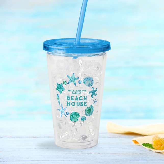 Familjebuss - Kustblå seashceller Take Away Mugg (Family Beach House Coastal Blue Seashells Acrylic Tumbler)