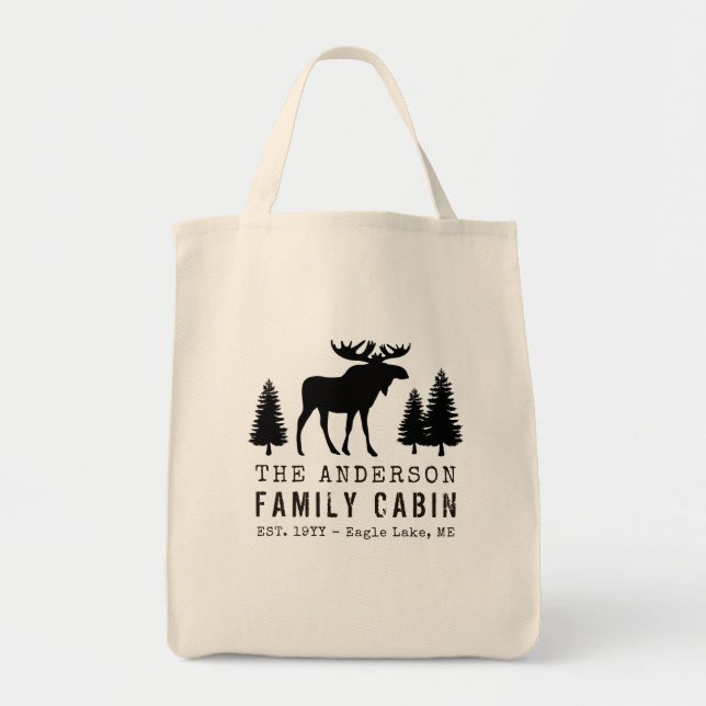 FamiljeCabin Rustic Moose Gräs Träd Silhouette Tygkasse (Framsidan)
