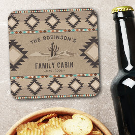 FamiljeCabin Rustic Southwest Native Tribal Cactus Underlägg Papper Kvadrat