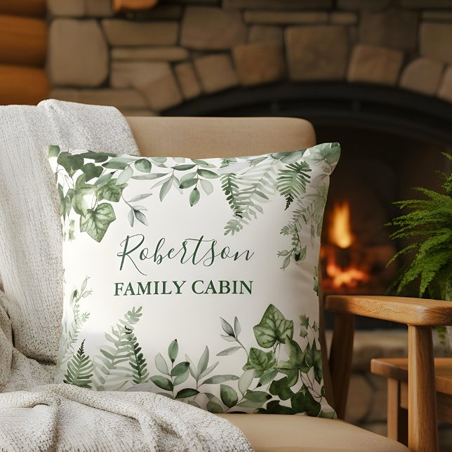 FamiljeCabin Watercolor Ivy Sage Ferns Botanical Kudde (Customize to change text size, style or color.)