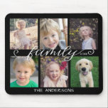 Familjecalligrafi | 6 Svart fotokollage Musmatta<br><div class="desc">Den här musknappen är en roligtens nyckelgåva till alla familjer. Den innehåller 6 foton för ditt favoritprogram bilder med barn och familjemedlemmar på en svart bakgrund. Trendigets handskrivna stil-kalligrafi lyder: "familje"-Anpassningsbar gör att du kan lägga till din familj namn och år.</div>