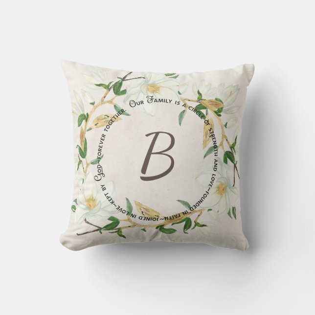 Familjecirkulets citat och krans med monogram kudde (Framsida)