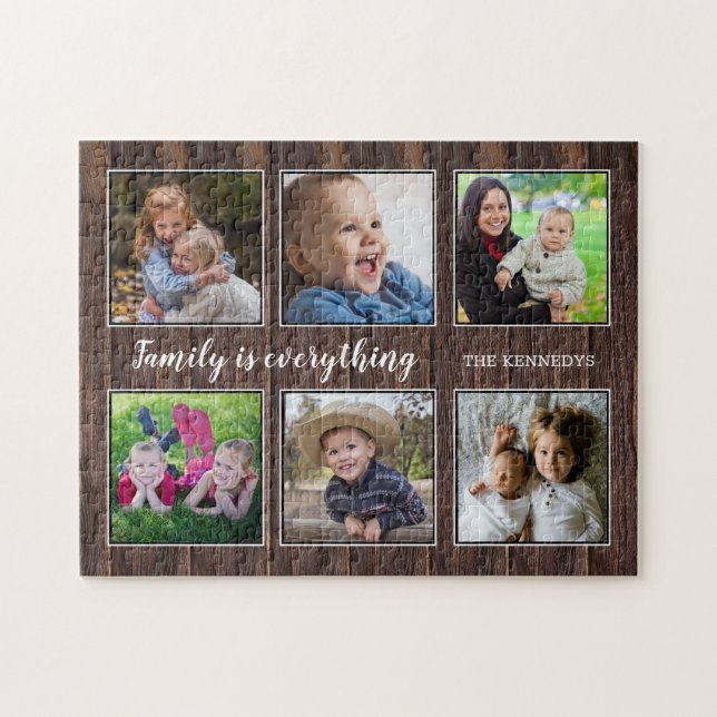 Familjecitat 6 Photo Collage Rustic Wood Pussel (Horisontell)