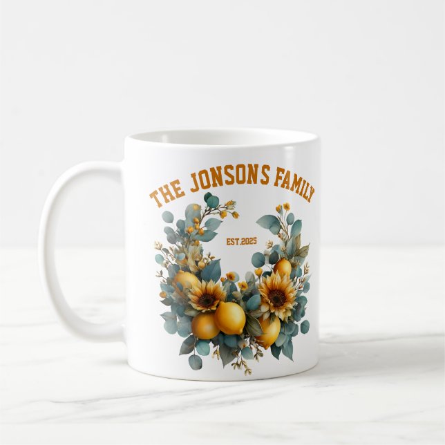 Familjedekan för höstsolrosor och citroner kaffemugg (Vänster)