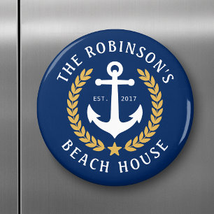 Familjefabrik Namn Beach House Anchor Guld Laurel  Magnet