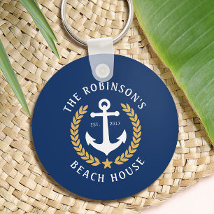 Familjefabrik Namn Beach House Anchor Guld Laurel Nyckelring