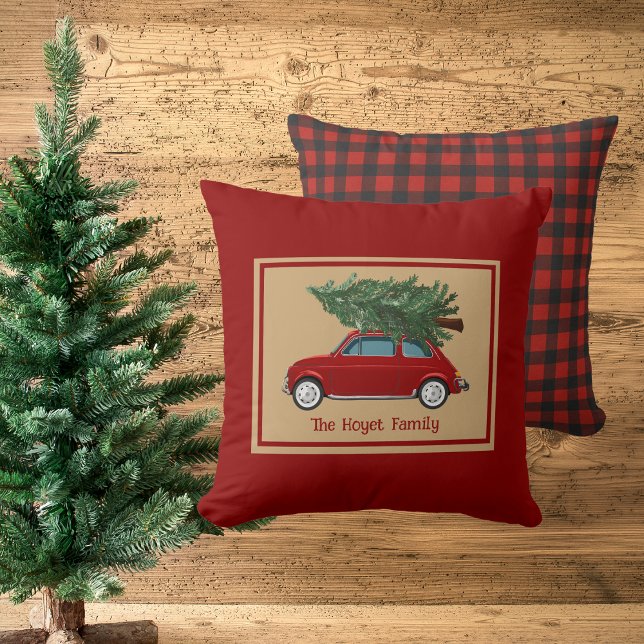 Familjefält i Namn Julpillow Rustic Red Play Kudde (Rustic Christmas, Family Name, Red Throw Pillow)