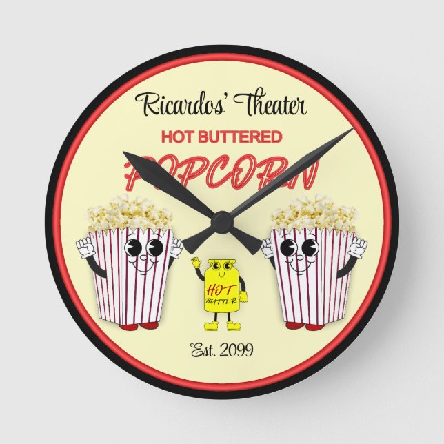 Familjefilm teater med Hett Buted Popcorn Rund Klocka (Framsida)