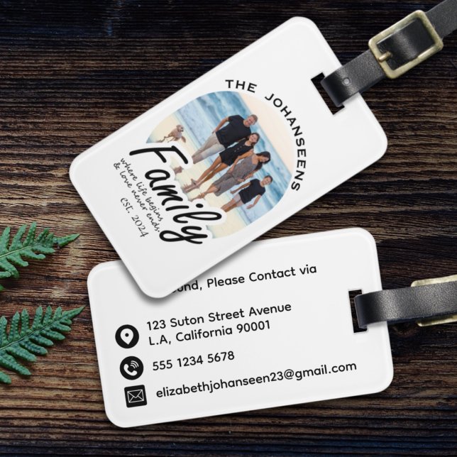 Familjefoto | Anpassat namn - enkelt svartvitt Bagagebricka (Skapare uppladdad)