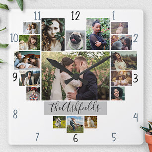 Familjefoto Collage Hjarta 17 Bilder Namn Vitt Fyrkantig Klocka