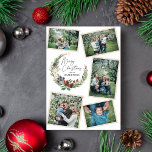 Familjefoto Collage Jul Foliage-andedräkt Julkort<br><div class="desc">Skicka kärlek och lycka den här julhelgen med ett julhälsningskort som innehåller fem vackra foton av din familj och en lövgretig krans bestående av handmålade vattenfärgade gräs-koner,  löv,  vrister och vinterbär.</div>