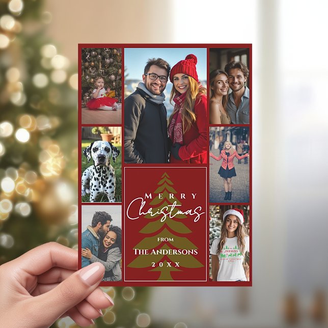Familjefoto Collage Röd och Grön God Jul Julkort (Family Photo Collage Red and Green Merry Christmas Holiday Card)