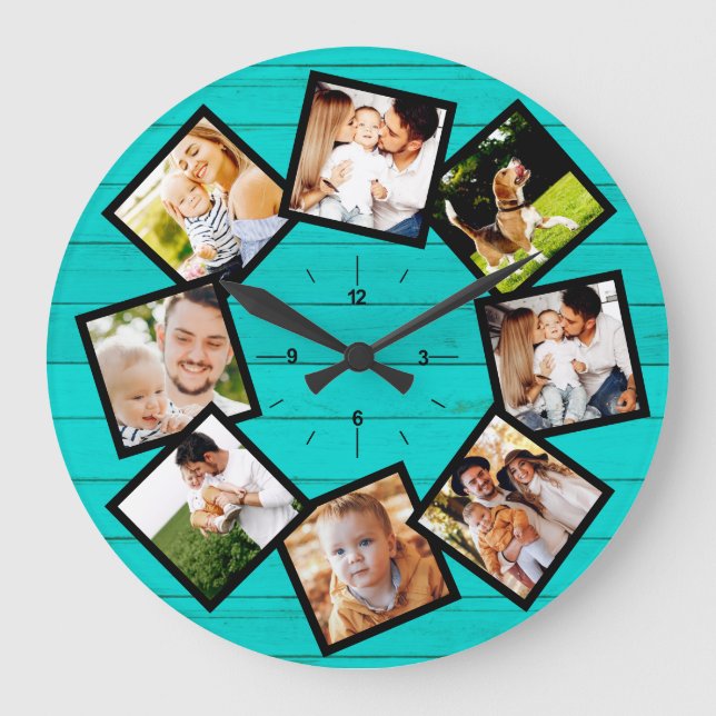 Familjefoto Collage Rustik Farmhouse Teal Stor Klocka (Framsida)