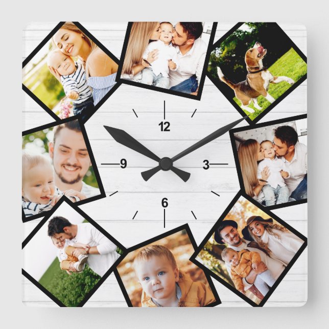 Familjefoto Collage Rustik Farmhouse Vit Fyrkantig Klocka (Framsida)