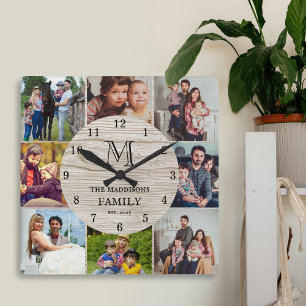 Familjefoto Collage Rustik gårdsstil Monogram Fyrkantig Klocka