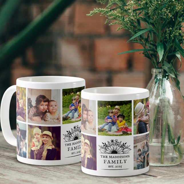 Familjefoto Collage Svart och Vitt Rustik Blomma Kaffemugg (Skapare uppladdad)