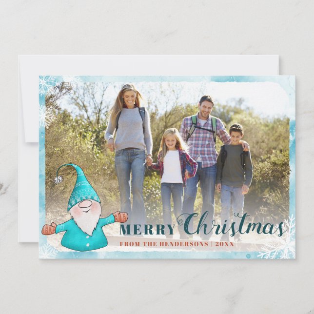 Familjefoto Cute Gnome Teal Blue Jul Julkort (Framsida)