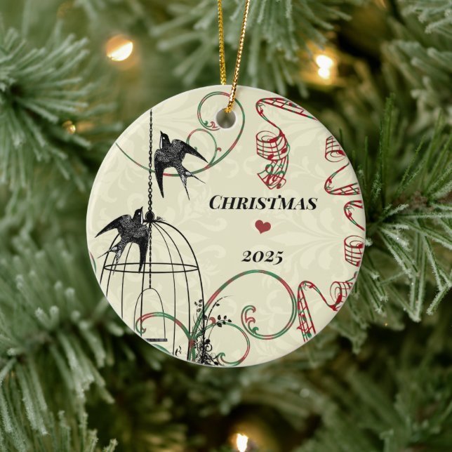 Familjefoto Fåglar och fågelburk på Damask Julgransprydnad Keramik (Träd)