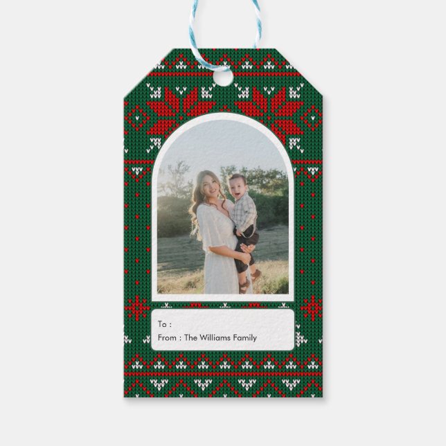 Familjefoto Festlig Stickad Mönster Presentetikett (Framsidan)