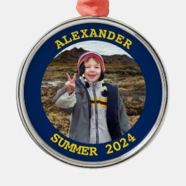 Familjefoto för Guld och Navy Personlig Round Julgransprydnad Metall
