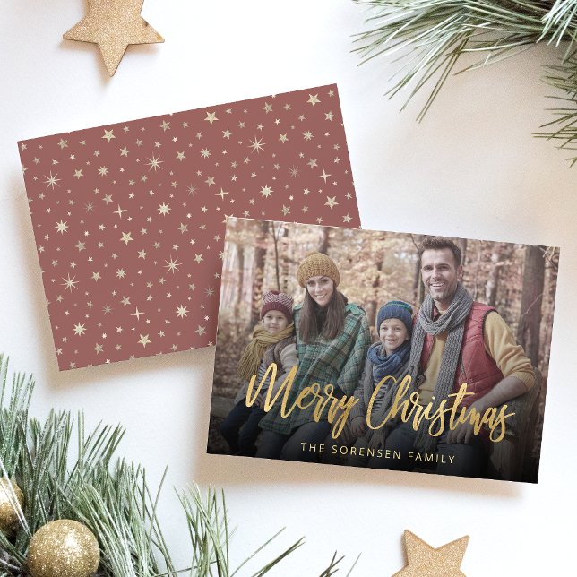 Familjefoto God Jul Guldskrift Julkort (Skapare uppladdad)