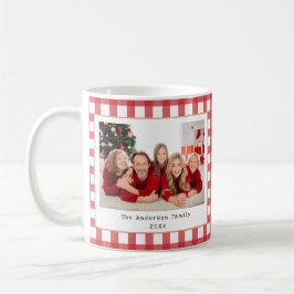 Familjefoto God Jul Röd Rutig Anpassad Kaffemugg