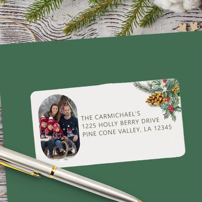 Familjefoto Holly och Gräs jul Adress Adressetikett (Photo Address Labels with Holly and Pine from Rounded Lozenge Photo Collage collection)