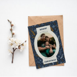 Familjefoto i blå blommigt-doodle helgkort