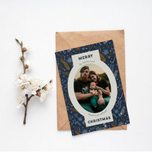 Familjefoto i blå blommigt-doodle helgkort
