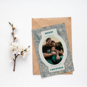 Familjefoto i grått-blommigt-dockan helgkort