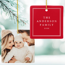 Familjefoto namn år elegant gräns röd julgransprydnad keramik